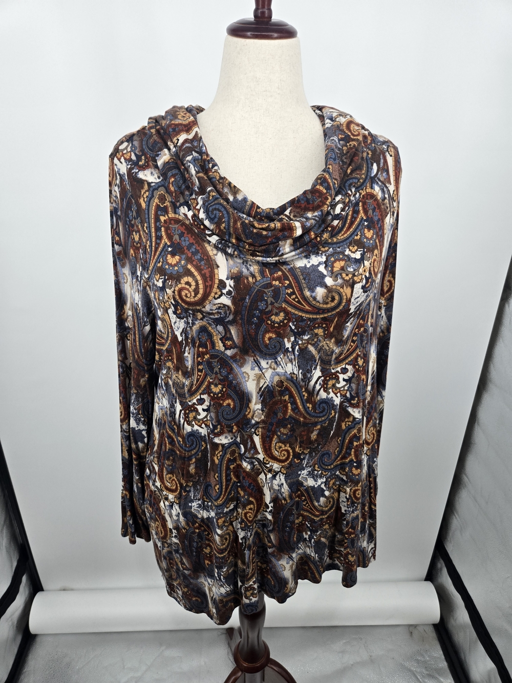 intro. Paisley Cowl Neck Sweater Tunic in Brown, Navy & Cream 2X NWOT (7040)